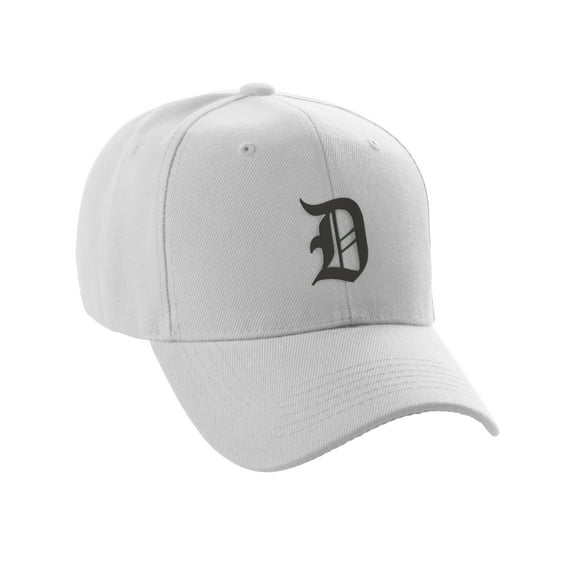 Daxton Structured Baseball Hat Cap Curved Visor Old English Font Alphabet A to Z, White Hat Black D