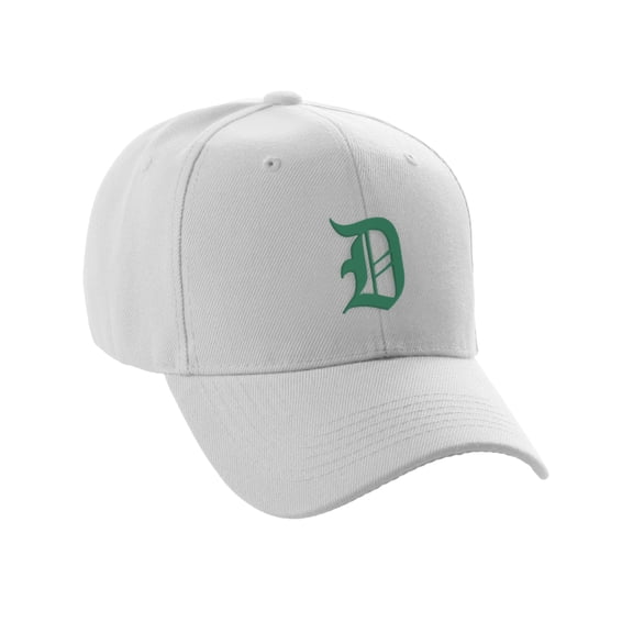 Daxton Structured Baseball Hat Cap Curved Visor Old English Font Alphabet A to Z, White Hat Green D