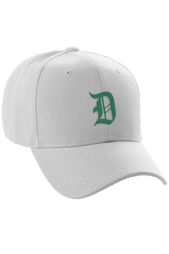 Structured Baseball Hat Cap Curved Visor Old English Font Alphabet A to Z, White Hat Green D