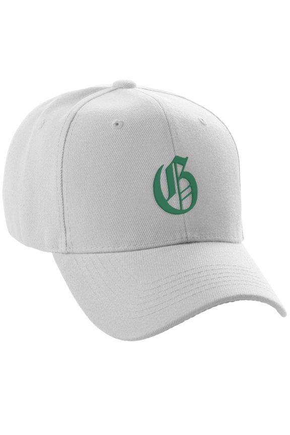 Structured Baseball Hat Curved Visor Old English Font, White Hat Green G