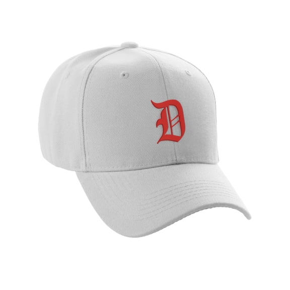 Daxton Structured Baseball Hat Cap Curved Visor Old English Font Alphabet A to Z, White Hat Red D