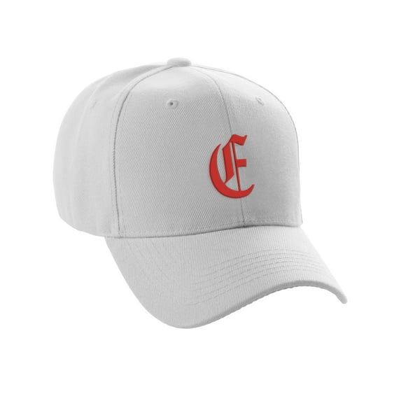 Daxton Structured Baseball Hat Cap Curved Visor Old English Font Alphabet A to Z, White Hat Red E