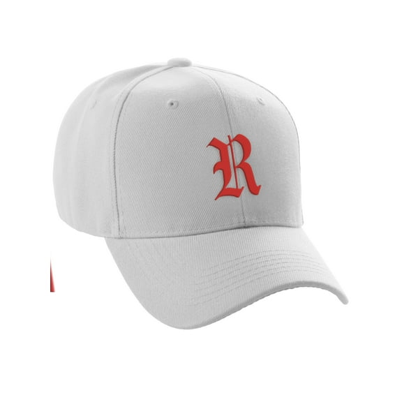 Daxton Structured Baseball Hat Cap Curved Visor Old English Font Alphabet A to Z, White Hat Red R