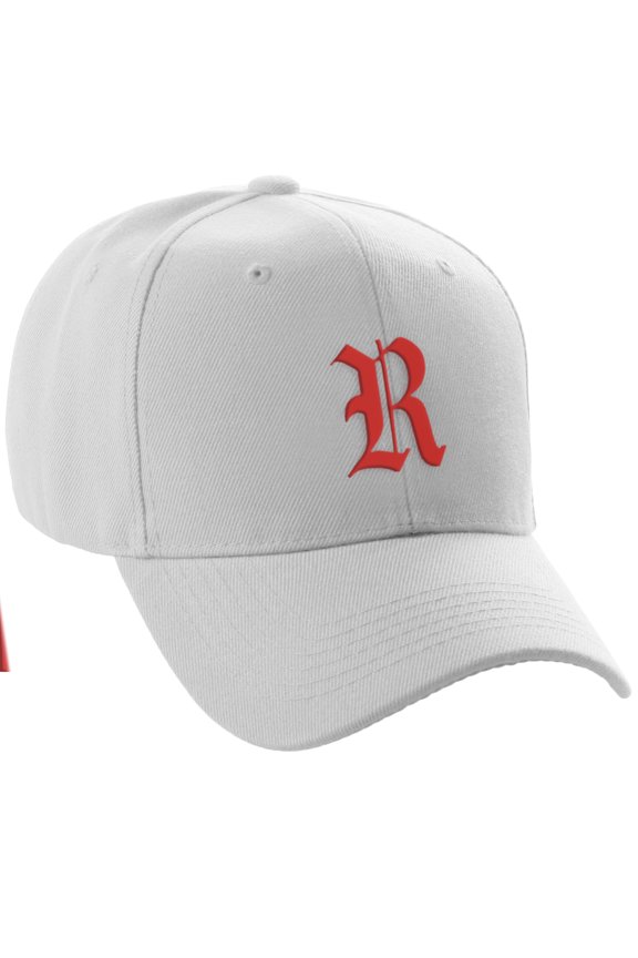 Structured Baseball Hat Cap Curved Visor Old English Font Alphabet A to Z, White Hat Red R