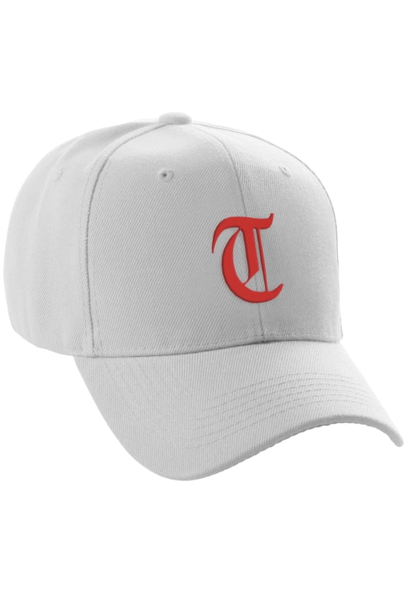 Structured Baseball Hat Cap Curved Visor Old English Font Alphabet A to Z, White Hat Red T