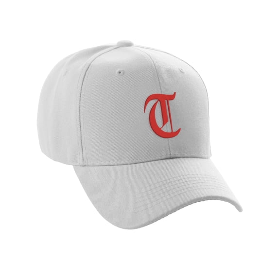 Daxton Structured Baseball Hat Cap Curved Visor Old English Font Alphabet A to Z, White Hat Red T