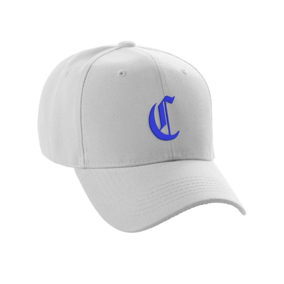 Daxton Structured Baseball Hat Cap Curved Visor Old English Font Alphabet A to Z, White Hat Royal C