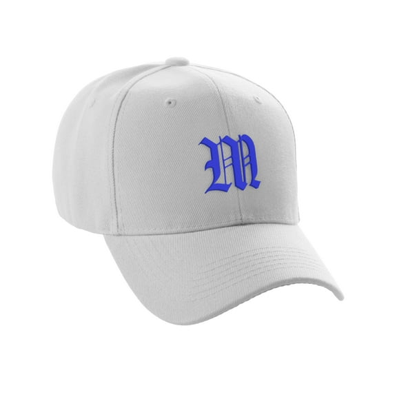 Daxton Structured Baseball Hat Cap Curved Visor Old English Font Alphabet A to Z, White Hat Royal M