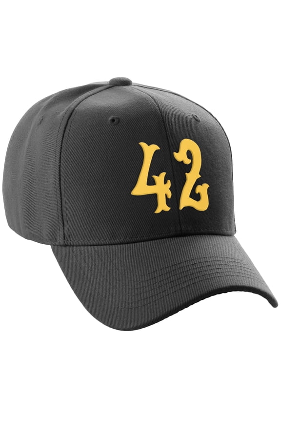 Structured Baseball Hat Cap Curved Visor Vintage Custom Number, Black Hat, Gold Number 42