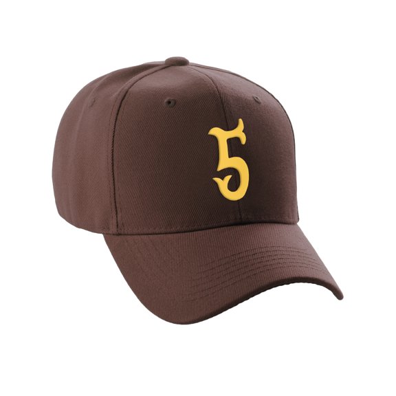 Daxton Structured Baseball Hat Cap Curved Visor Vintage Custom Number, Brown Hat, Gold Number 5