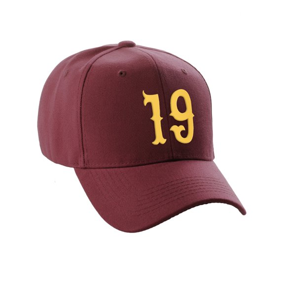 Daxton Structured Baseball Hat Cap Curved Visor Vintage Custom Number, Burgundy Hat, Gold Number 19