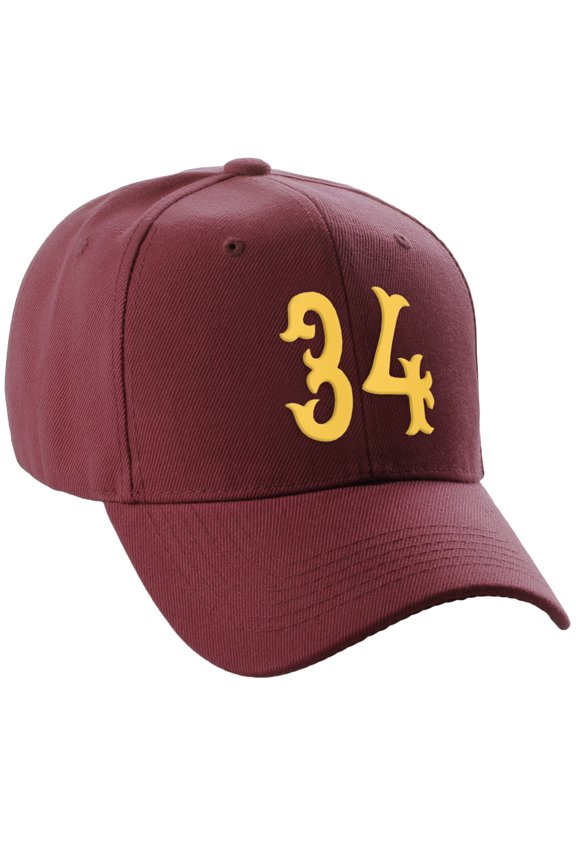 Structured Baseball Hat Cap Curved Visor Vintage Custom Number, Burgundy Hat, Gold Number 34