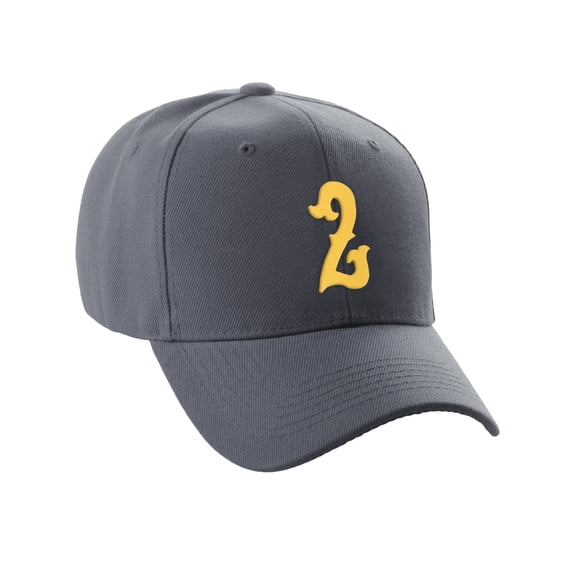 Daxton Structured Baseball Hat Cap Curved Visor Vintage Custom Number, Charcoal Hat, Gold Number 2