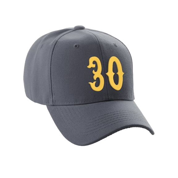 Daxton Structured Baseball Hat Cap Curved Visor Vintage Custom Number, Charcoal Hat, Gold Number 30