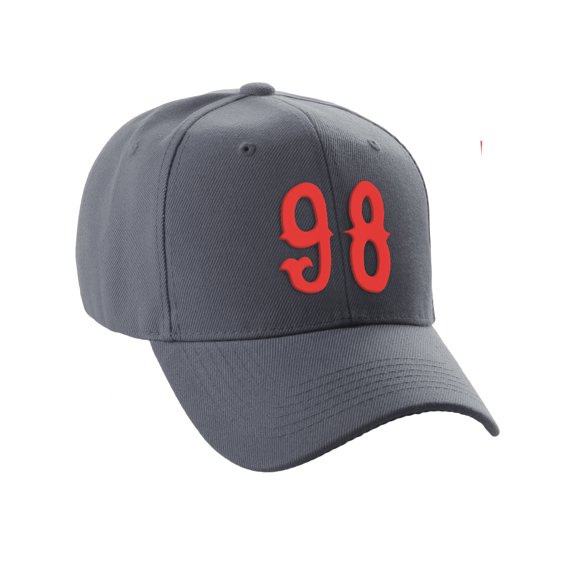 Daxton Structured Baseball Hat Cap Curved Visor Vintage Custom Number, Charcoal Hat, Red Number 98