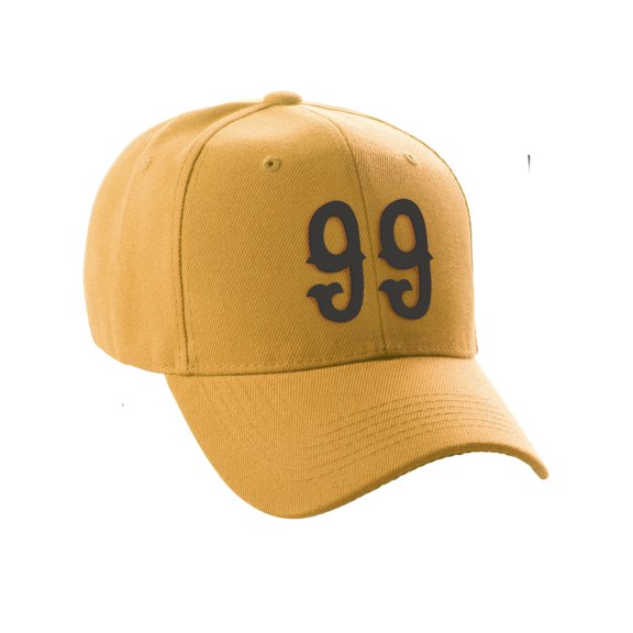 Daxton Structured Baseball Hat Cap Curved Visor Vintage Custom Number, Gold Hat, Black Number 99