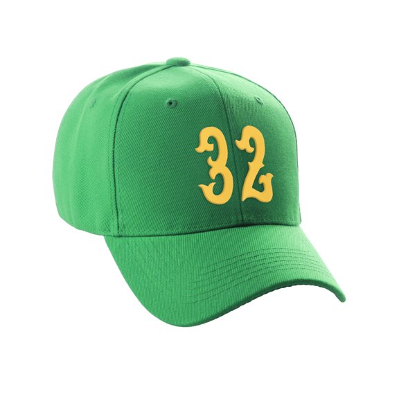 Daxton Structured Baseball Hat Cap Curved Visor Vintage Custom Number, Kelly Hat, Gold Number 32