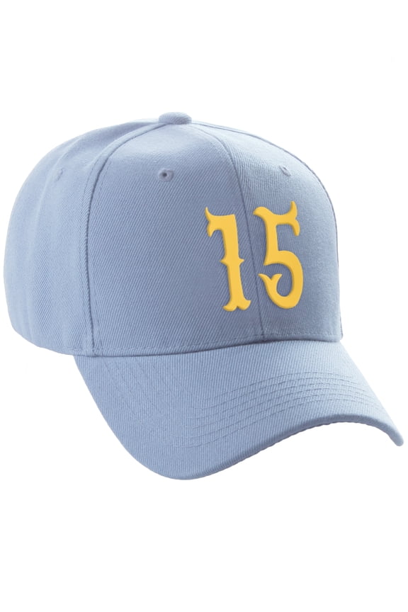 Structured Baseball Hat Cap Curved Visor Vintage Custom Number, Light Blue Hat, Gold Number 15