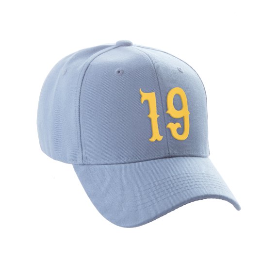 Daxton Structured Baseball Hat Cap Curved Visor Vintage Custom Number, Light Blue Hat, Gold Number 19