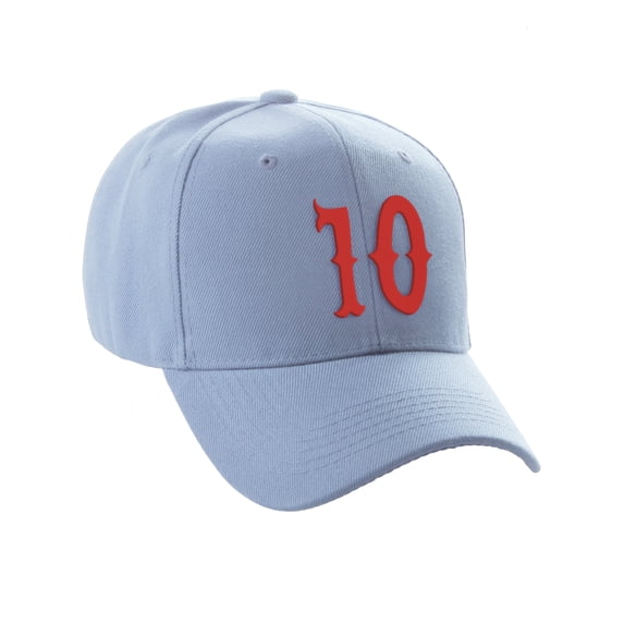 Daxton Structured Baseball Hat Cap Curved Visor Vintage Custom Number, Light Blue Hat, Red Number 10
