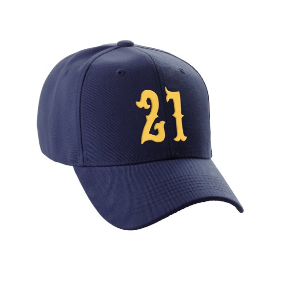 Daxton Structured Baseball Hat Cap Curved Visor Vintage Custom Number, Navy Hat, Gold Number 21