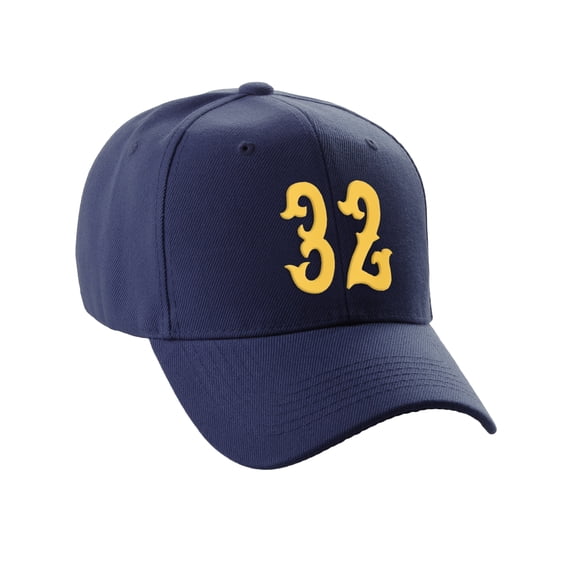 Daxton Structured Baseball Hat Cap Curved Visor Vintage Custom Number, Navy Hat, Gold Number 32