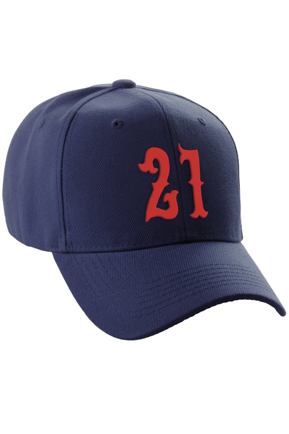 Structured Baseball Hat Cap Curved Visor Vintage Custom Number, Navy Hat, Red Number 21