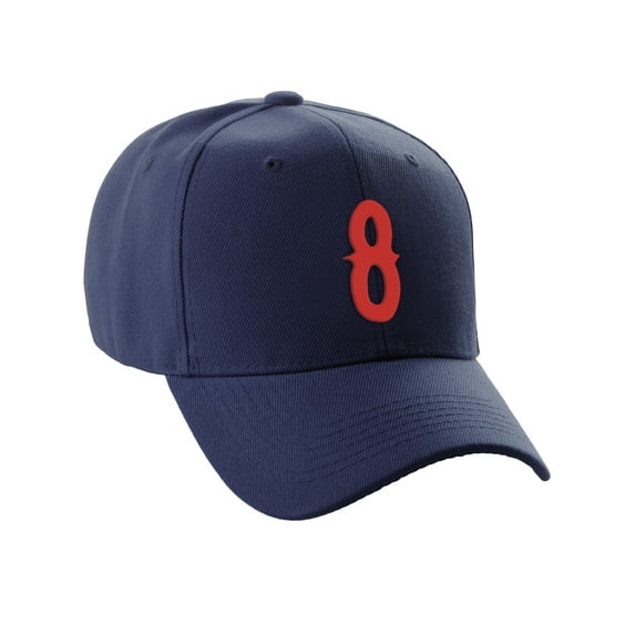 Daxton Structured Baseball Hat Cap Curved Visor Vintage Custom Number, Navy Hat, Red Number 8