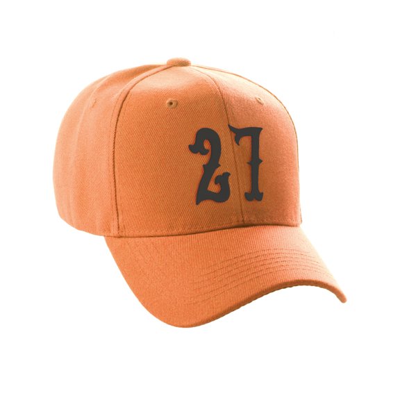 Daxton Structured Baseball Hat Cap Curved Visor Vintage Custom Number, Orange Hat, Black Number 27