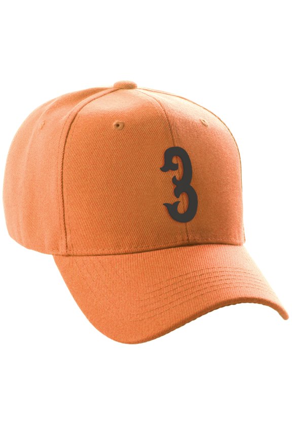 Structured Baseball Hat Cap Curved Visor Vintage Custom Number, Orange Hat, Black Number 3