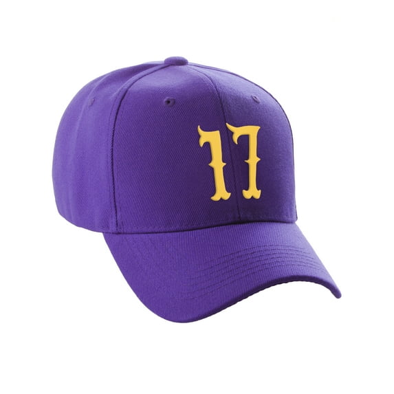 Daxton Structured Baseball Hat Cap Curved Visor Vintage Custom Number, Purple Hat, Gold Number 17