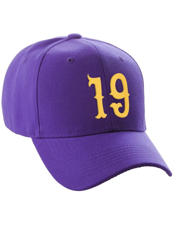 Structured Baseball Hat Cap Curved Visor Vintage Custom Number, Purple Hat, Gold Number 19
