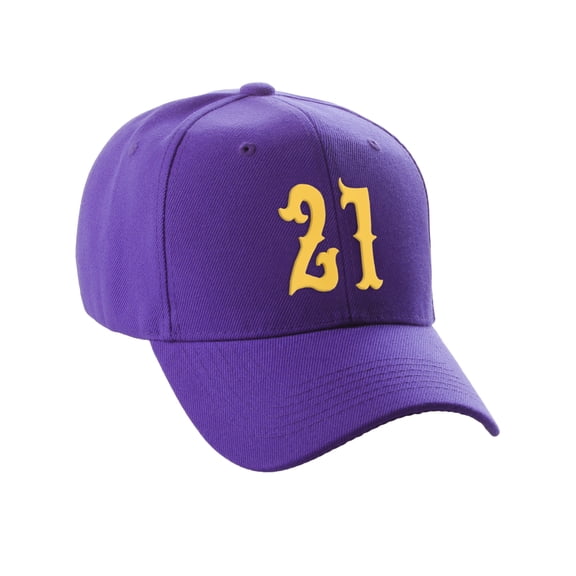 Daxton Structured Baseball Hat Cap Curved Visor Vintage Custom Number, Purple Hat, Gold Number 21