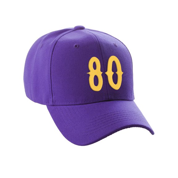 Daxton Structured Baseball Hat Cap Curved Visor Vintage Custom Number, Purple Hat, Gold Number 80