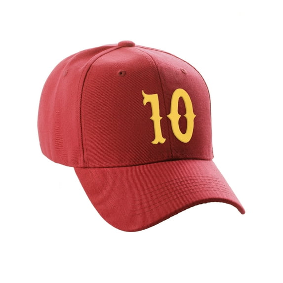 Daxton Structured Baseball Hat Cap Curved Visor Vintage Custom Number, Red Hat, Gold Number 10