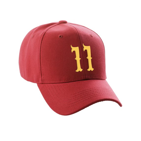 Daxton Structured Baseball Hat Cap Curved Visor Vintage Custom Number, Red Hat, Gold Number 11