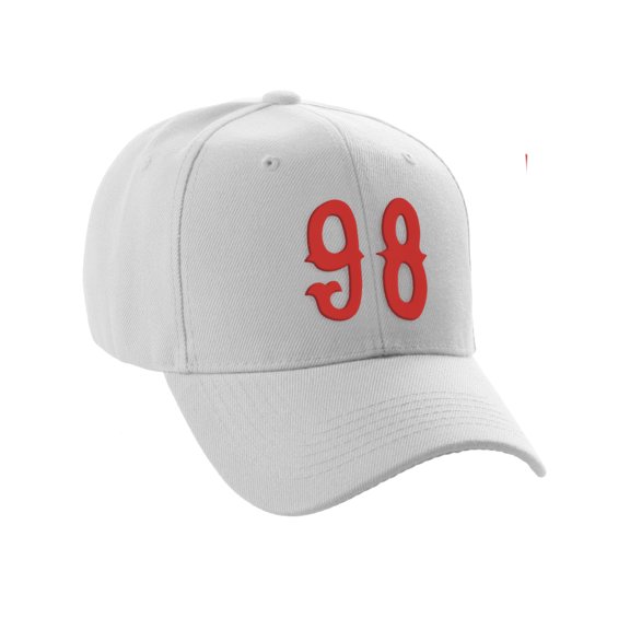 Daxton Structured Baseball Hat Cap Curved Visor Vintage Custom Number, White Hat, Red Number 98