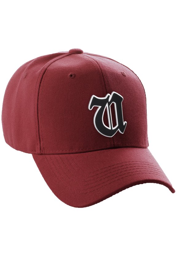 Structured Baseball Hat Cap Old English A to Z Letter Number Initial-Burgundy, Letter U