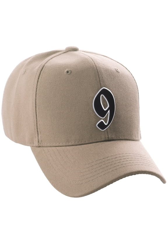 Structured Baseball Hat Cap Old English A to Z Letter Number Initial-Khaki, Number 9