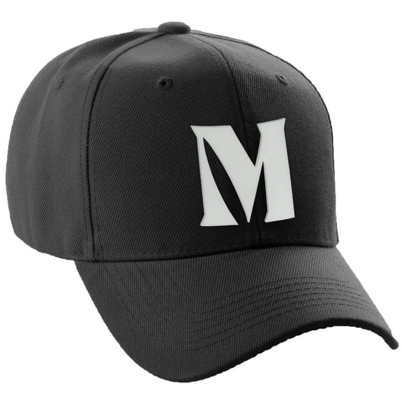 Daxton Structured Curve Visor Bill Baseball Hat 3D Capital Alphabet Letters, Black Hat White Letter M