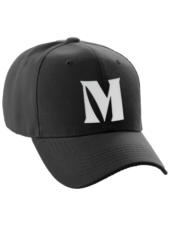 Structured Curve Visor Bill Baseball Hat 3D Capital Alphabet Letters, Black Hat White Letter M
