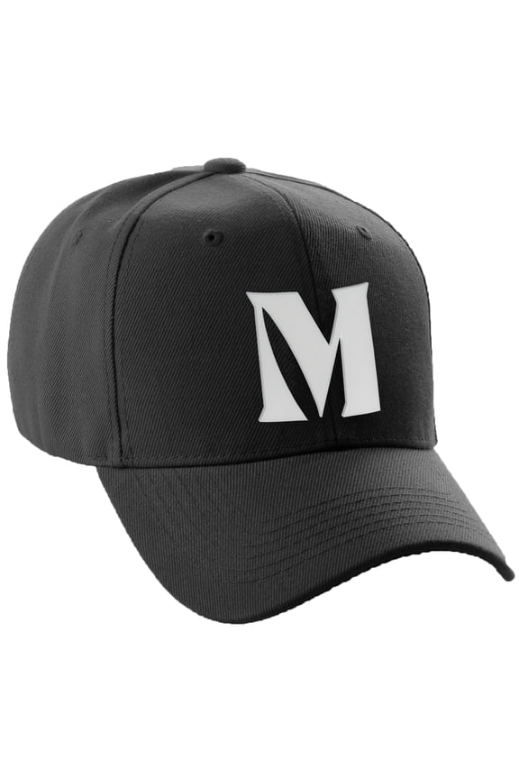 Structured Curve Visor Bill Baseball Hat 3D Capital Alphabet Letters, Black Hat White Letter M