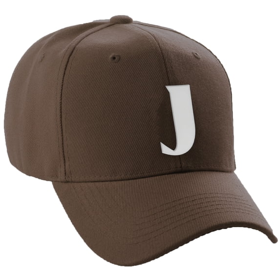 Daxton Structured Curve Visor Bill Baseball Hat 3D Capital Alphabet Letters, Brown Hat White Letter J