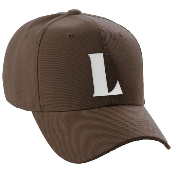 Daxton Structured Curve Visor Bill Baseball Hat 3D Capital Alphabet Letters, Brown Hat White Letter L