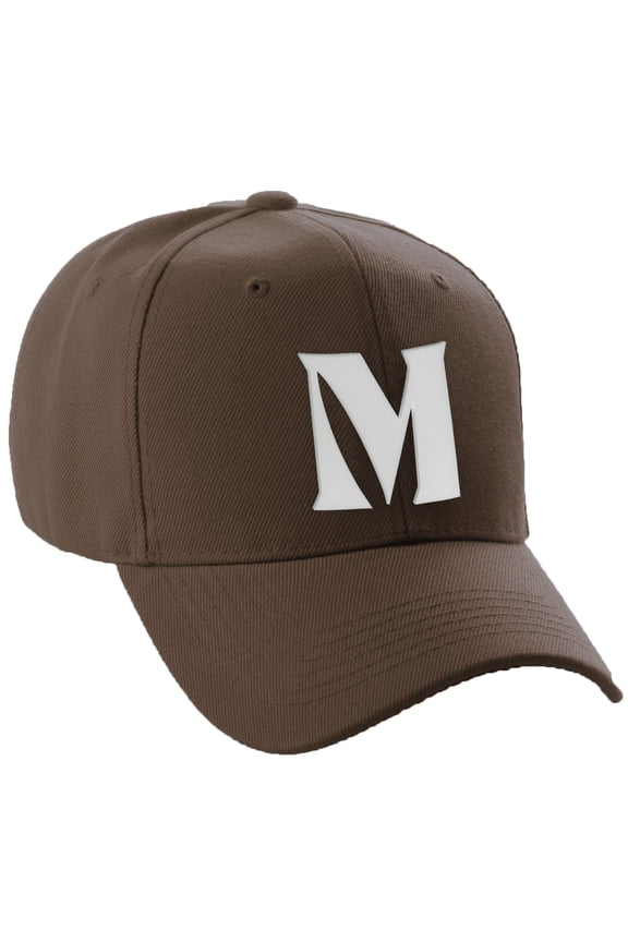 Structured Curve Visor Bill Baseball Hat 3D Capital Alphabet Letters, Brown Hat White Letter M