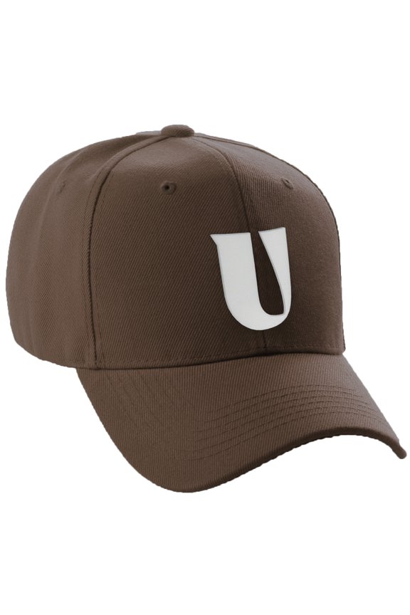 Structured Curve Visor Bill Baseball Hat 3D Capital Alphabet Letters, Brown Hat White Letter U