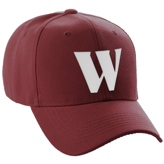 Daxton Structured Curve Visor Bill Baseball Hat 3D Capital Alphabet Letters, Burgundy Hat White Letter W