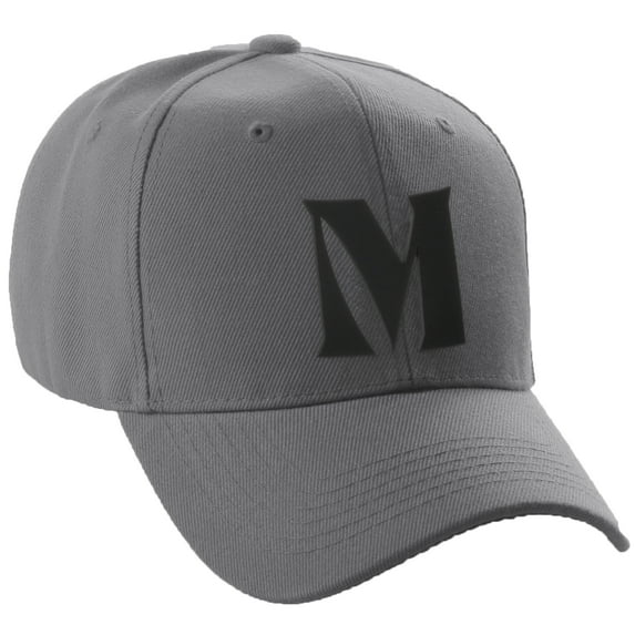 Daxton Structured Curve Visor Bill Baseball Hat 3D Capital Alphabet Letters, Charcoal Hat Black Letter M