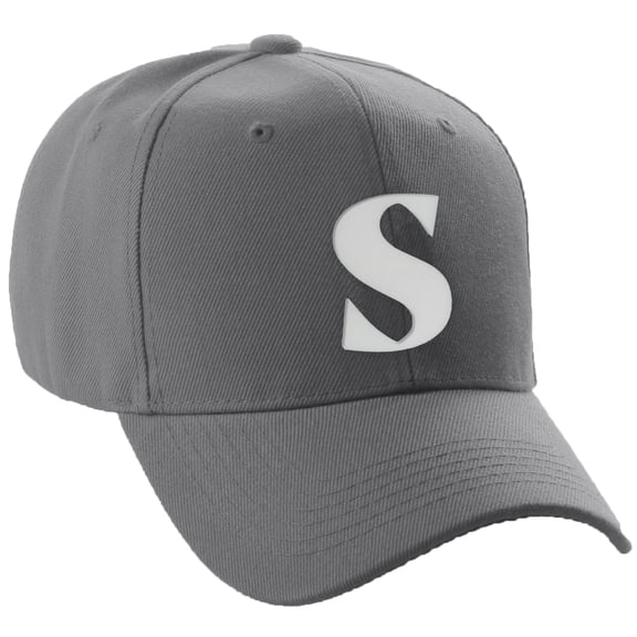 Daxton Structured Curve Visor Bill Baseball Hat 3D Capital Alphabet Letters, Charcoal Hat White Letter S