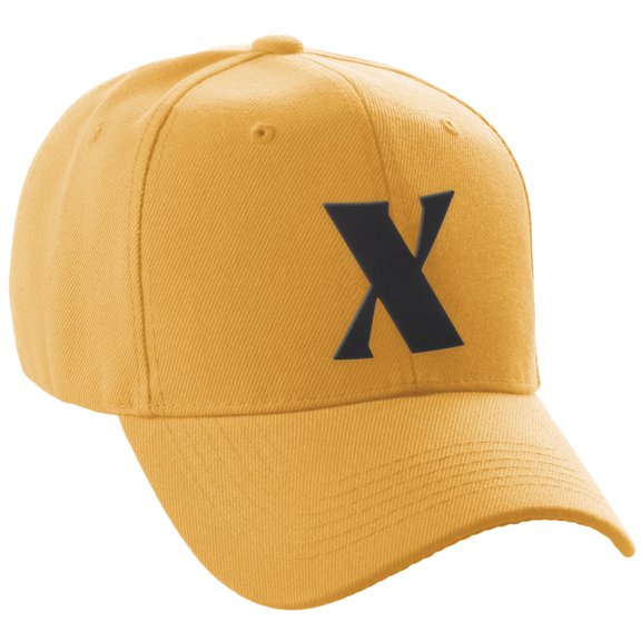 Daxton Structured Curve Visor Bill Baseball Hat 3D Capital Alphabet Letters, Gold Hat Black Letter X